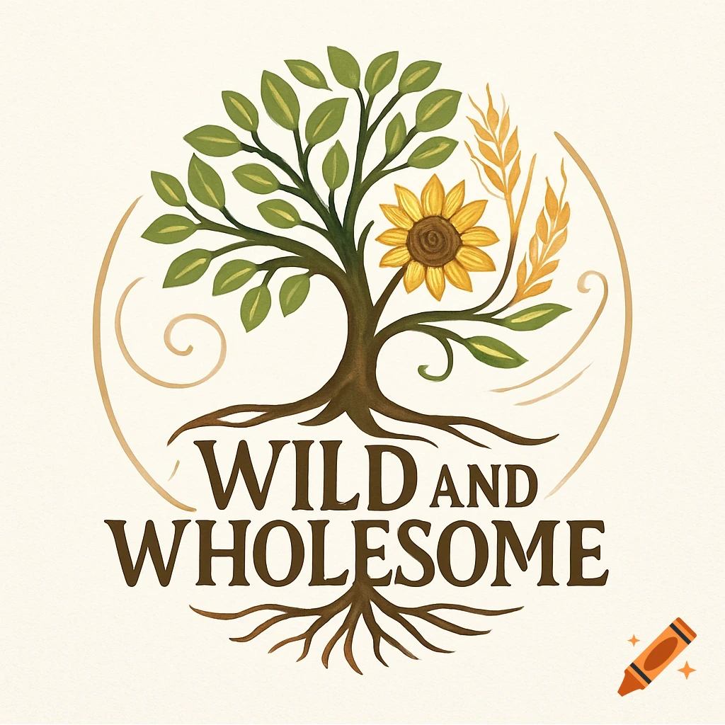 A business logo for Wild and Wholesome, featuring a stylized tree with green leaves, a sunflower, and wheat within a circular frame, with roots extending below the text.