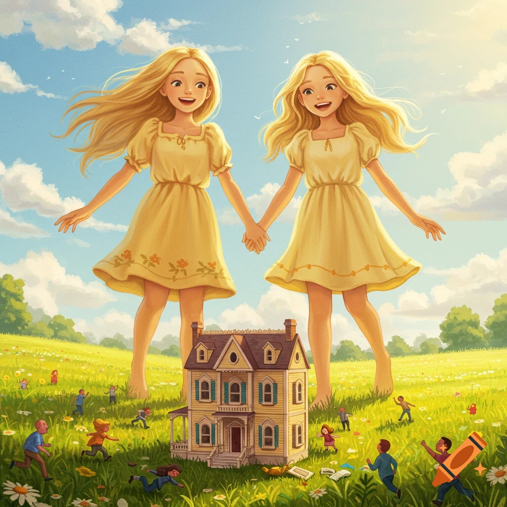 Whimsical illustration of two giant blonde girls in yellow dresses looking at tiny people fleeing a dollhouse in a sunny field.