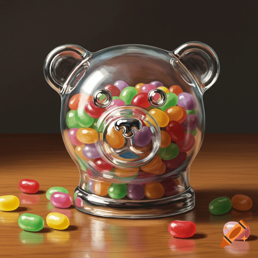 A photorealistic painting of a transparent glass bear-shaped jar filled with colorful jelly beans, sitting on a wooden table with some beans spilled.