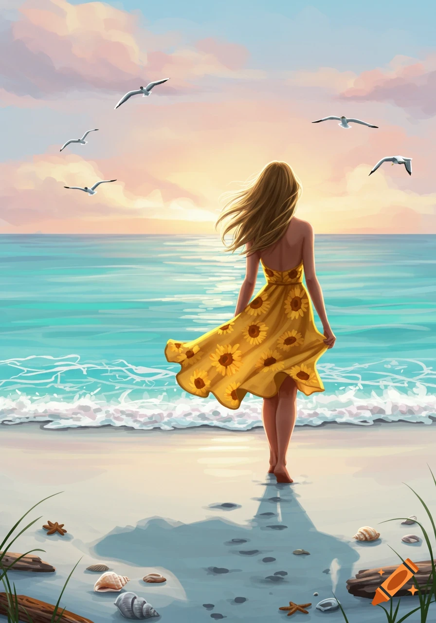 Digital illustration of a woman in a yellow dress standing on a beach at sunset, looking out at the ocean with seagulls flying above.