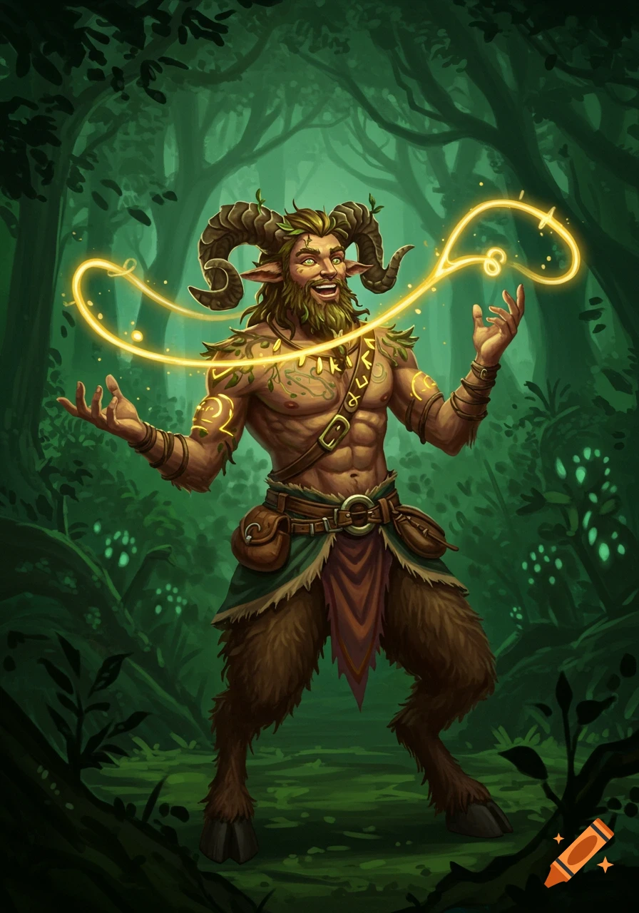 A friendly satyr cleric with ram horns and leafy beard, casting a glowing yellow spell in a dark, lush forest.