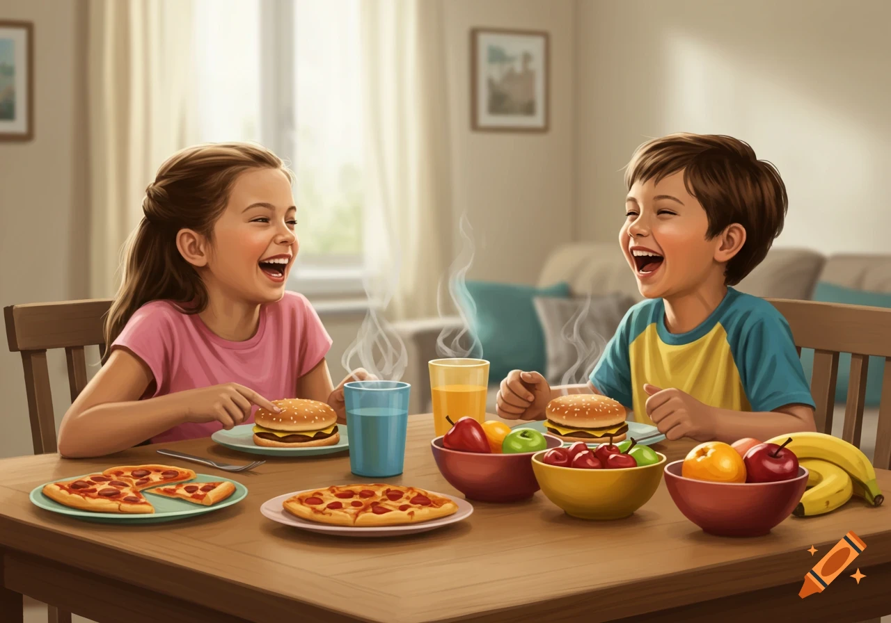Two cheerful children, a boy and a girl, laughing while eating burgers, pizza, and fruit at a table in a cozy home. Illustrative style.