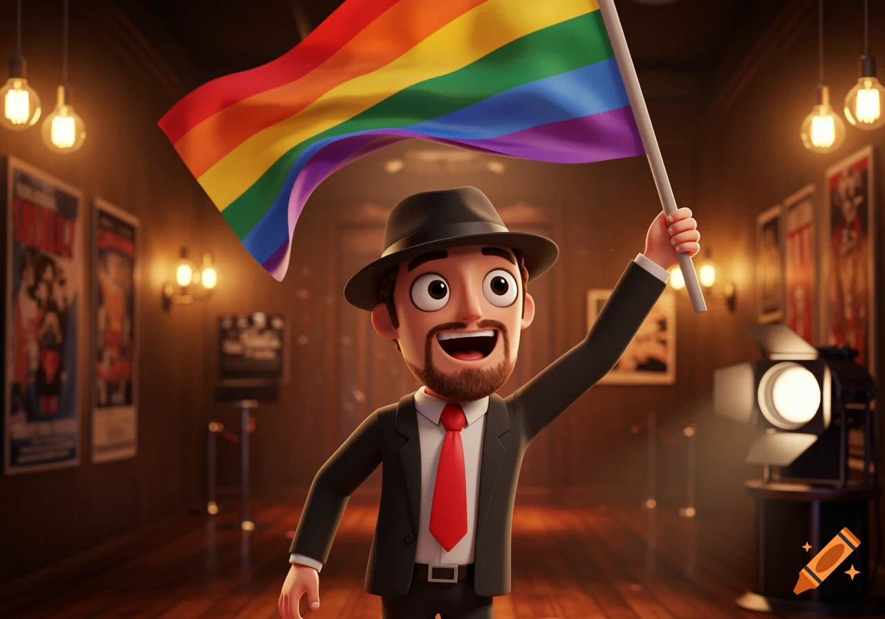 A cartoon man resembling Nostalgia Critic happily waves a rainbow pride flag in a dimly lit hallway with movie posters.