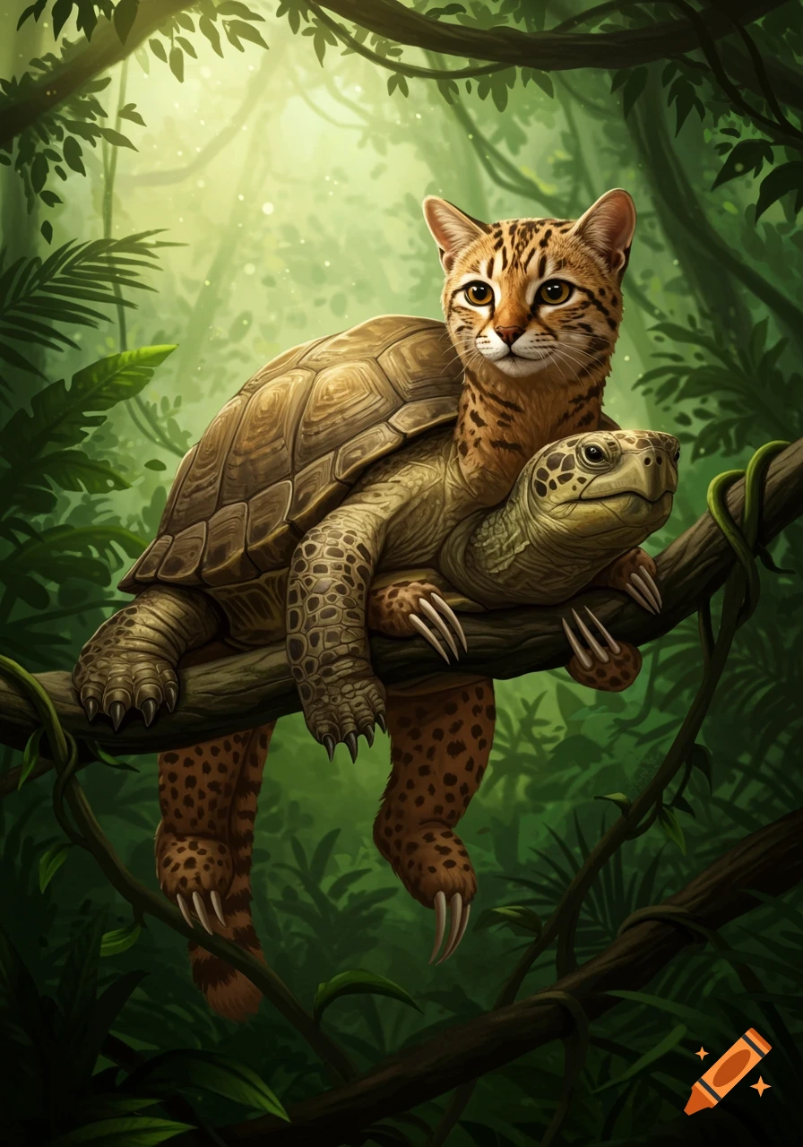 A hybrid animal with a cat head, turtle shell, and spotted legs with claws perches on a jungle branch.