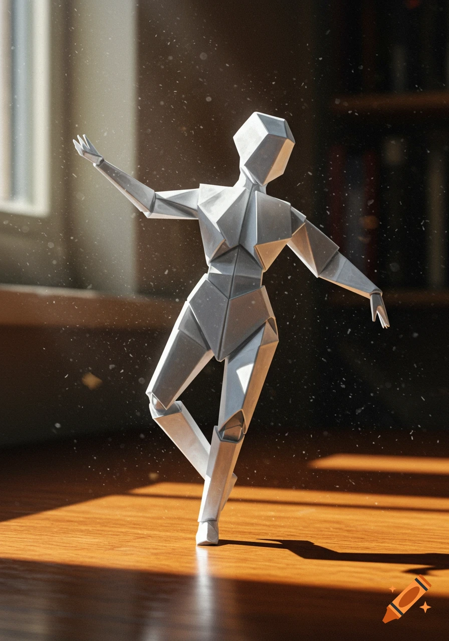 A white paper origami figure, resembling a human, stands gracefully in a sunlit room, casting a long shadow on a wooden floor.