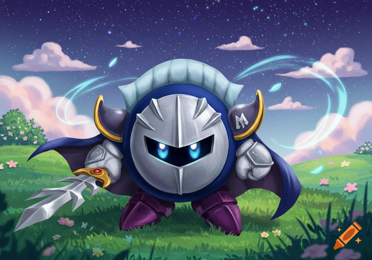 An illustration of Meta Knight from Kirby, wearing his mask and armor, holding a sword, standing in a vibrant green field under a starry night sky with pink clouds.