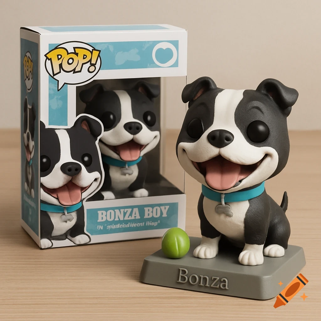 A custom Funko Pop figure of a black and white pit bull with a joyful expression and blue collar, next to its box and a green ball.