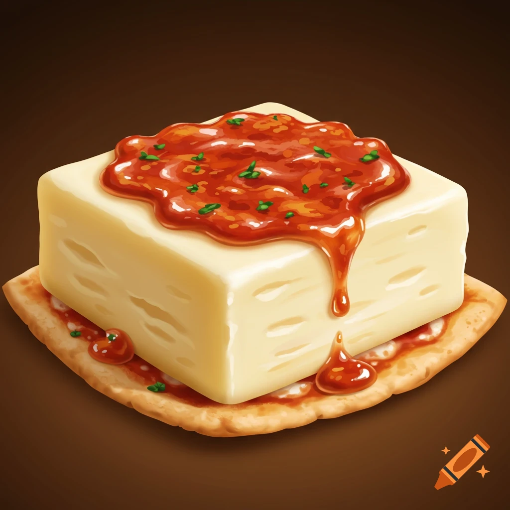 A square block of cheese topped with red pizza sauce and green herbs, resting on a thin pizza crust.
