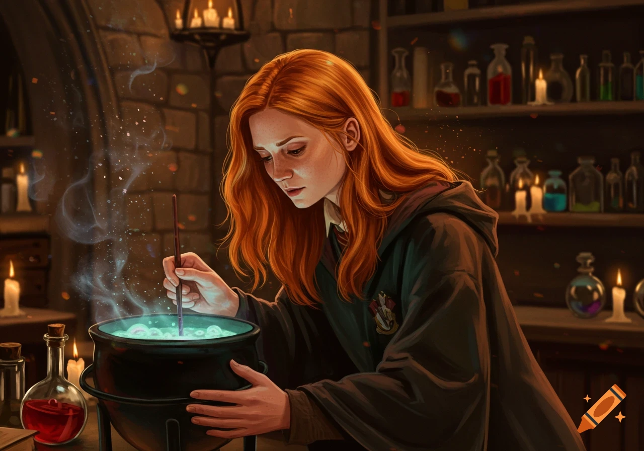 A young woman with long red hair stirs a glowing green potion in a cauldron in a dimly lit potion lab.