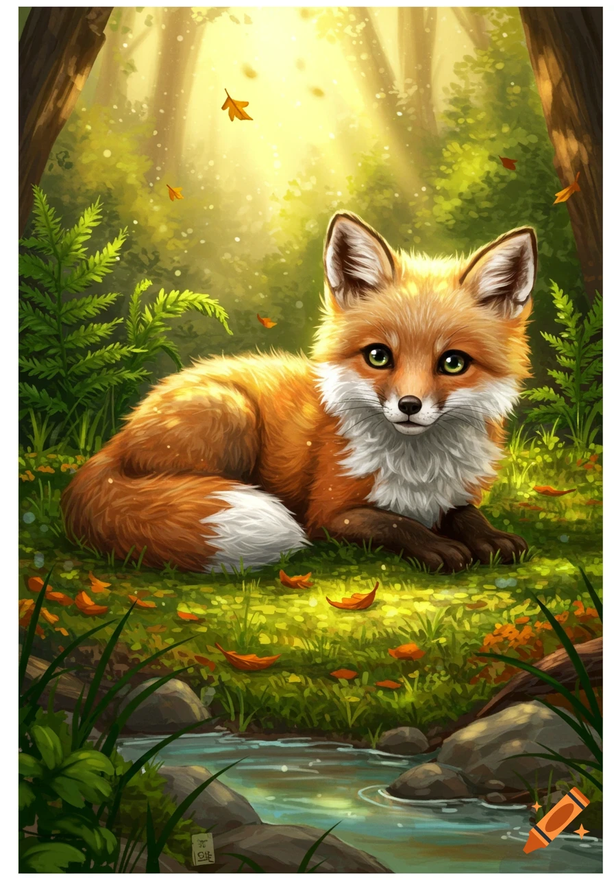 A cute, fluffy red fox with green eyes lies in a vibrant, sunlit forest with a stream.