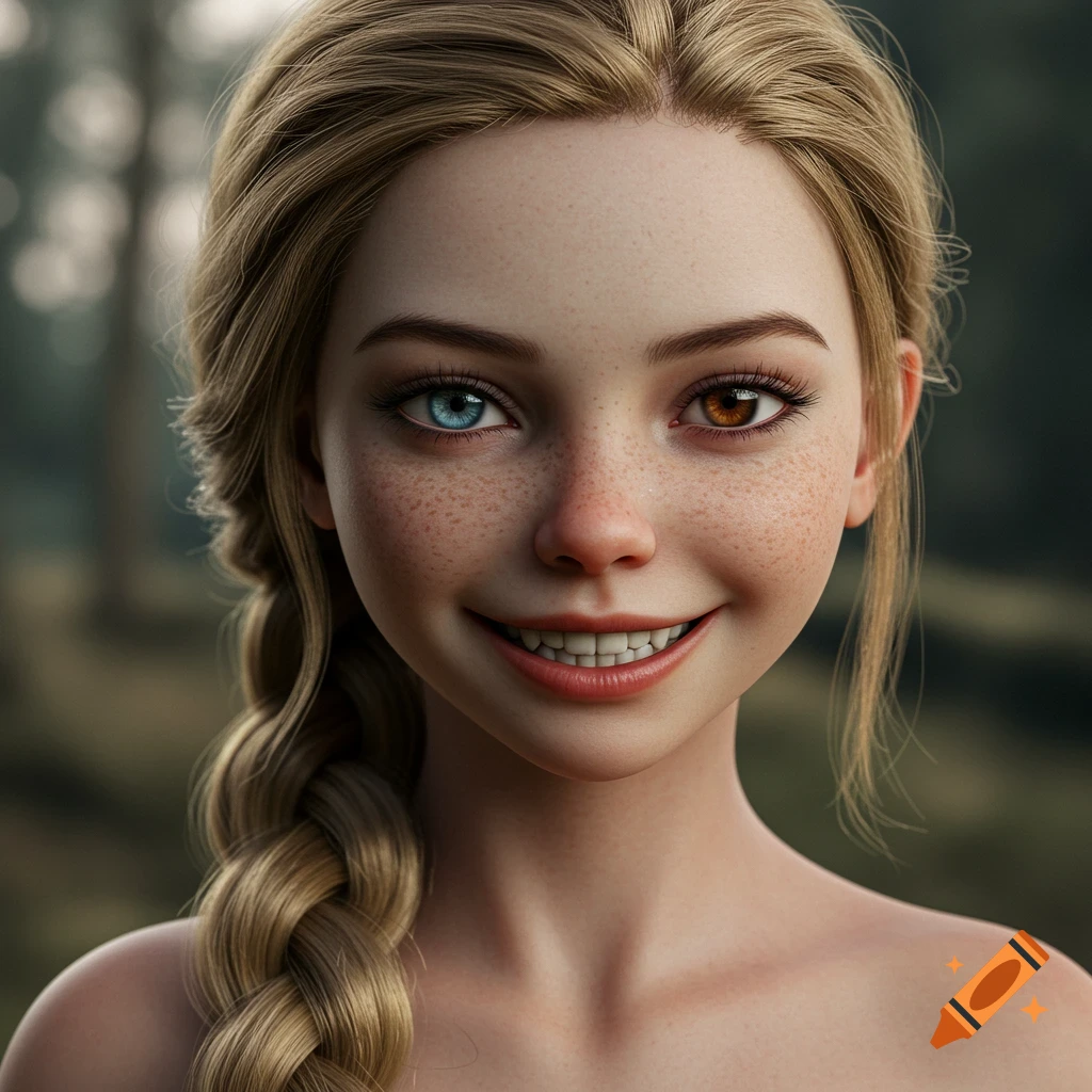 Close-up photorealistic portrait of a young girl with blonde braided hair, freckles, heterochromia (one blue, one brown eye), and a wide, unnatural smile.