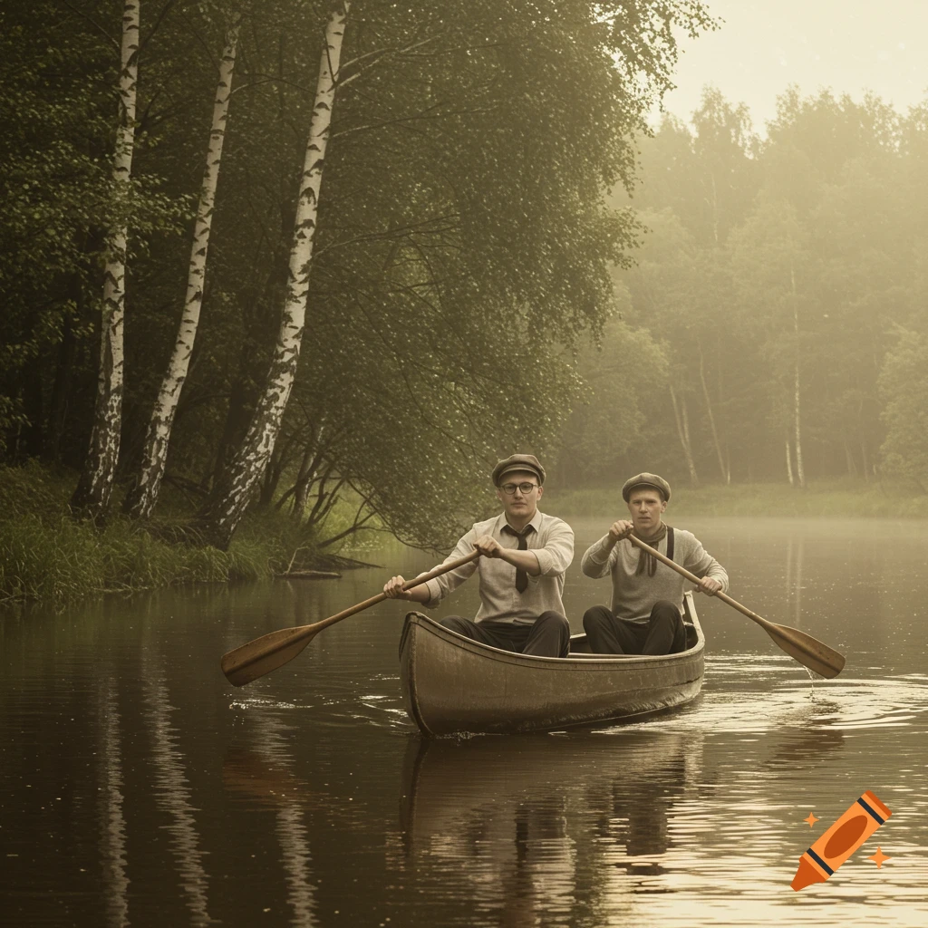 Two men in vintage attire paddle a canoe down a misty river bordered by trees.