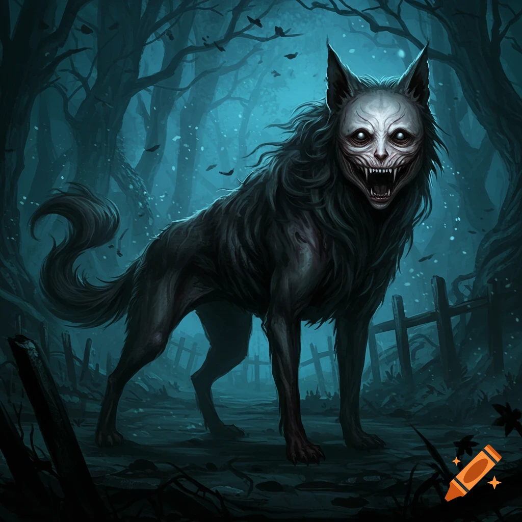 Dark fantasy illustration of a scary wolf-like creature with a pale, skull-like human face in a gloomy forest.