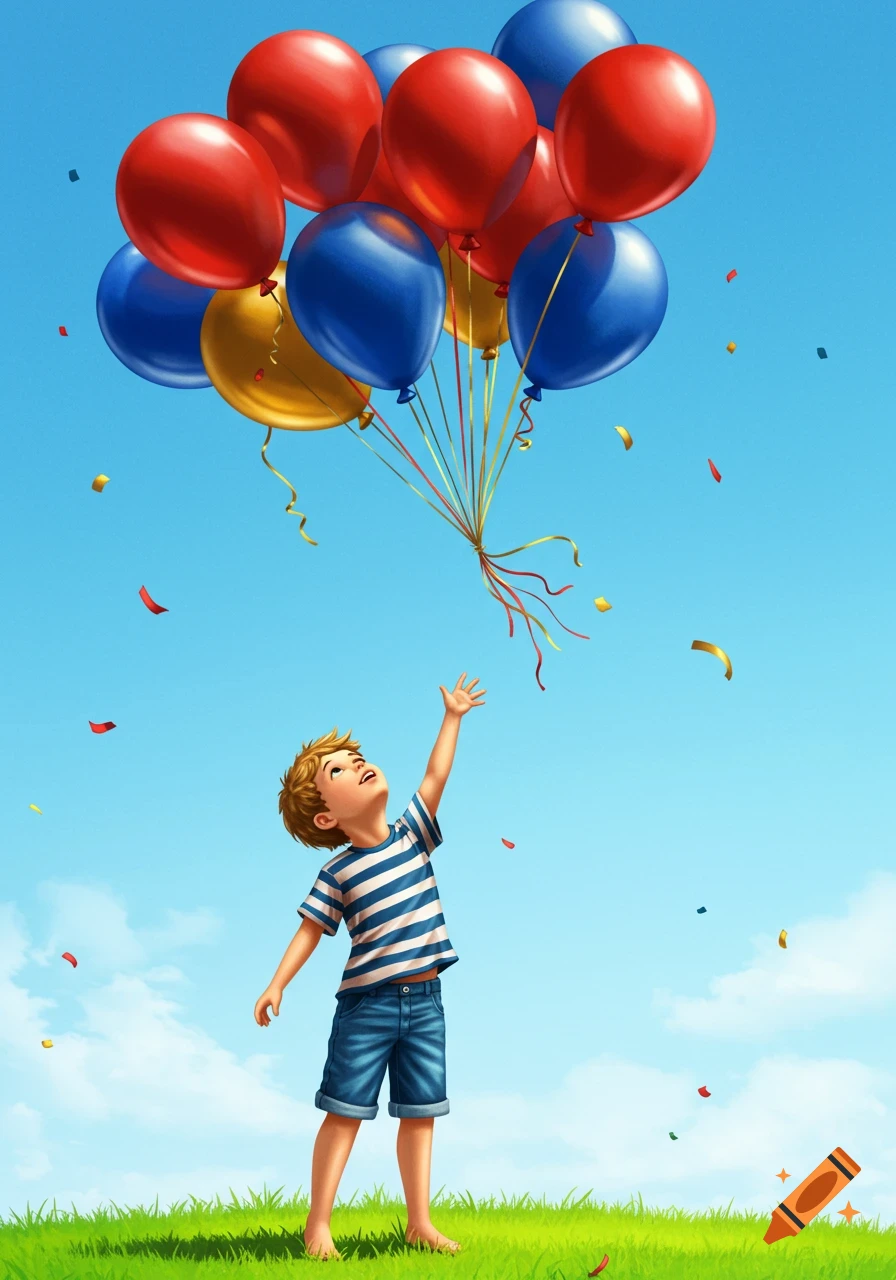A young boy with blond hair and a striped shirt reaches for a cluster of red, blue, and gold balloons floating against a bright blue sky with confetti.