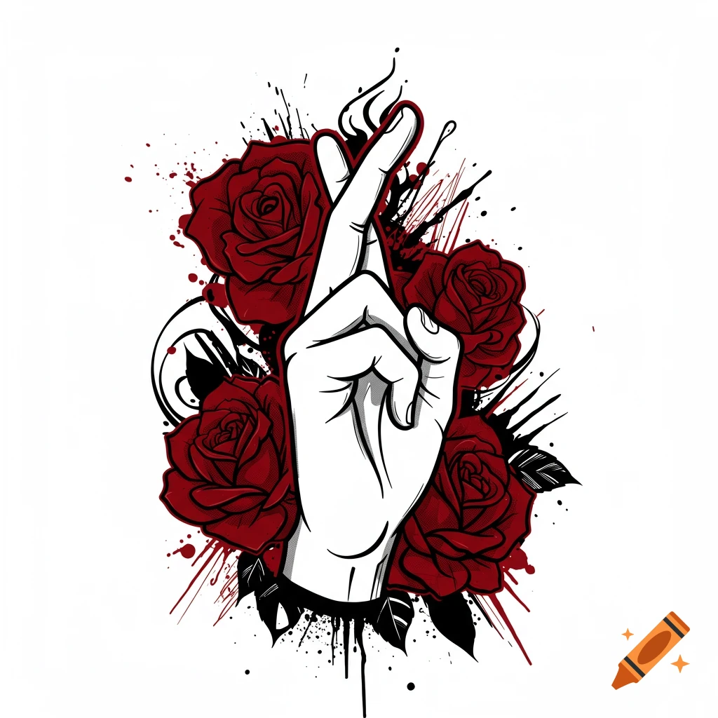 Stylized graphic of a white hand with crossed fingers amidst red roses and black ink splatters in a tattoo art style.