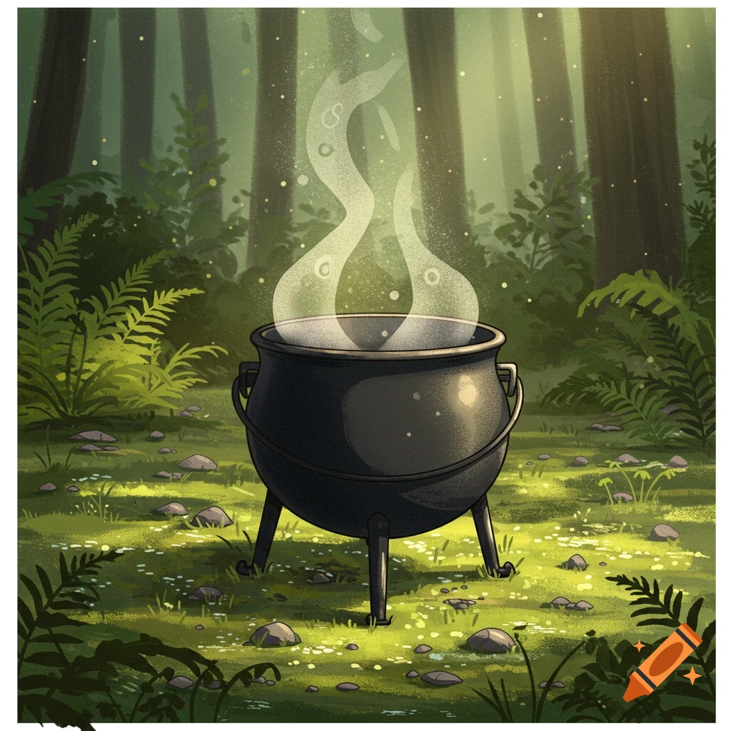 A stylized illustration of a black cauldron with glowing steam rising from it, set in a sunlit green forest clearing.