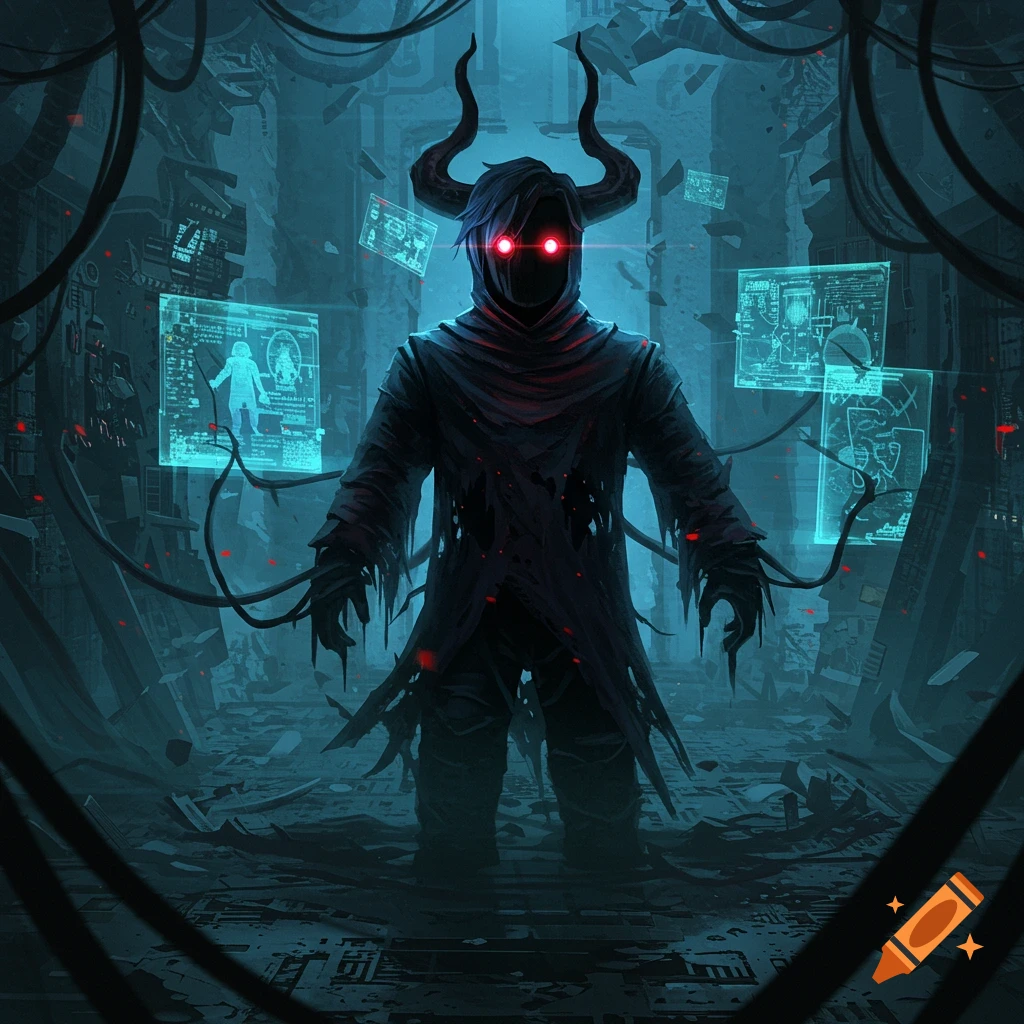A dark, horned figure with glowing red eyes stands in a ruined, futuristic, cybernetic environment with glowing blue screens.