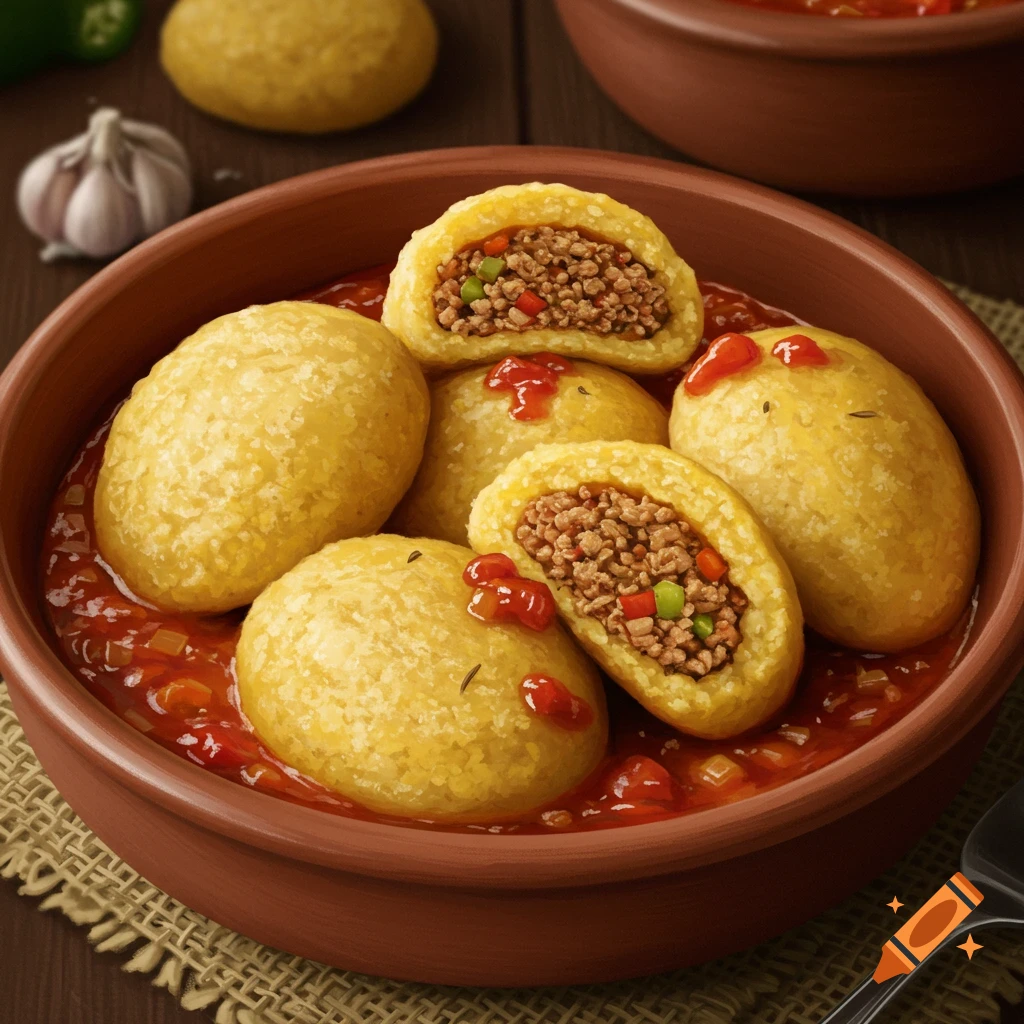 Photorealistic close-up of golden-yellow stuffed cornmeal dumplings with meat and vegetables in a rich tomato sauce, served in a brown bowl.