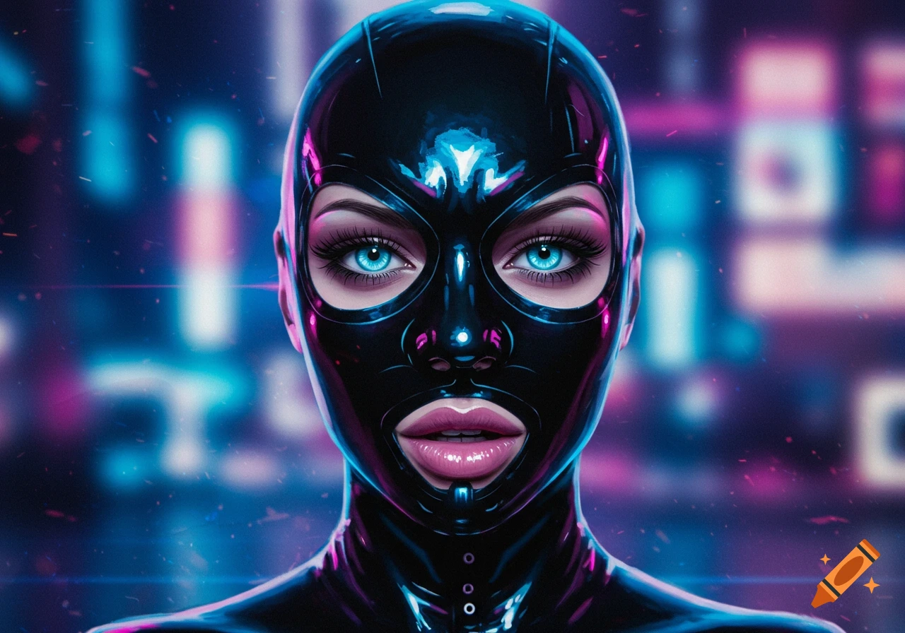 Close-up of a woman in a glossy black latex mask, revealing bright blue eyes and pink lips, against a blurry neon cyberpunk background.