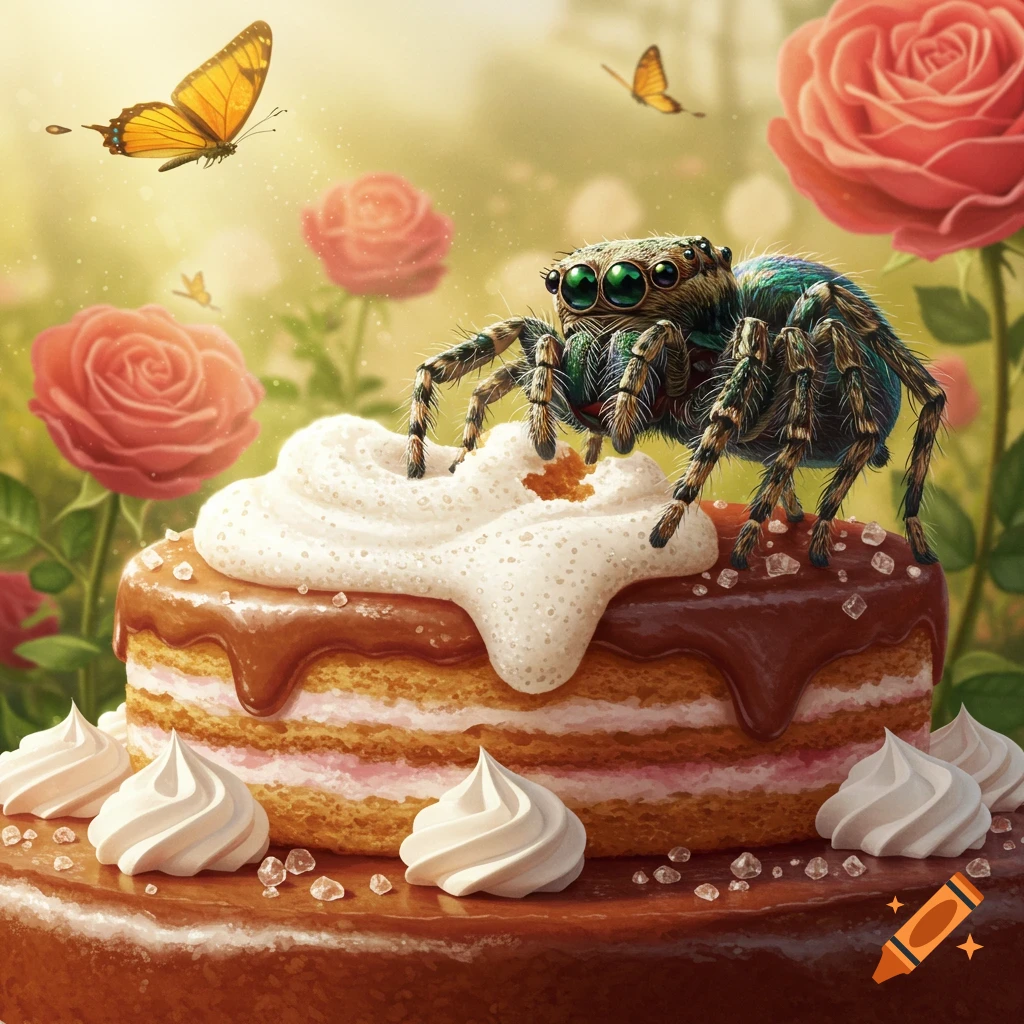 A photorealistic image of a detailed jumping spider on a slice of cake with whipped cream and chocolate, with roses and butterflies in the background.