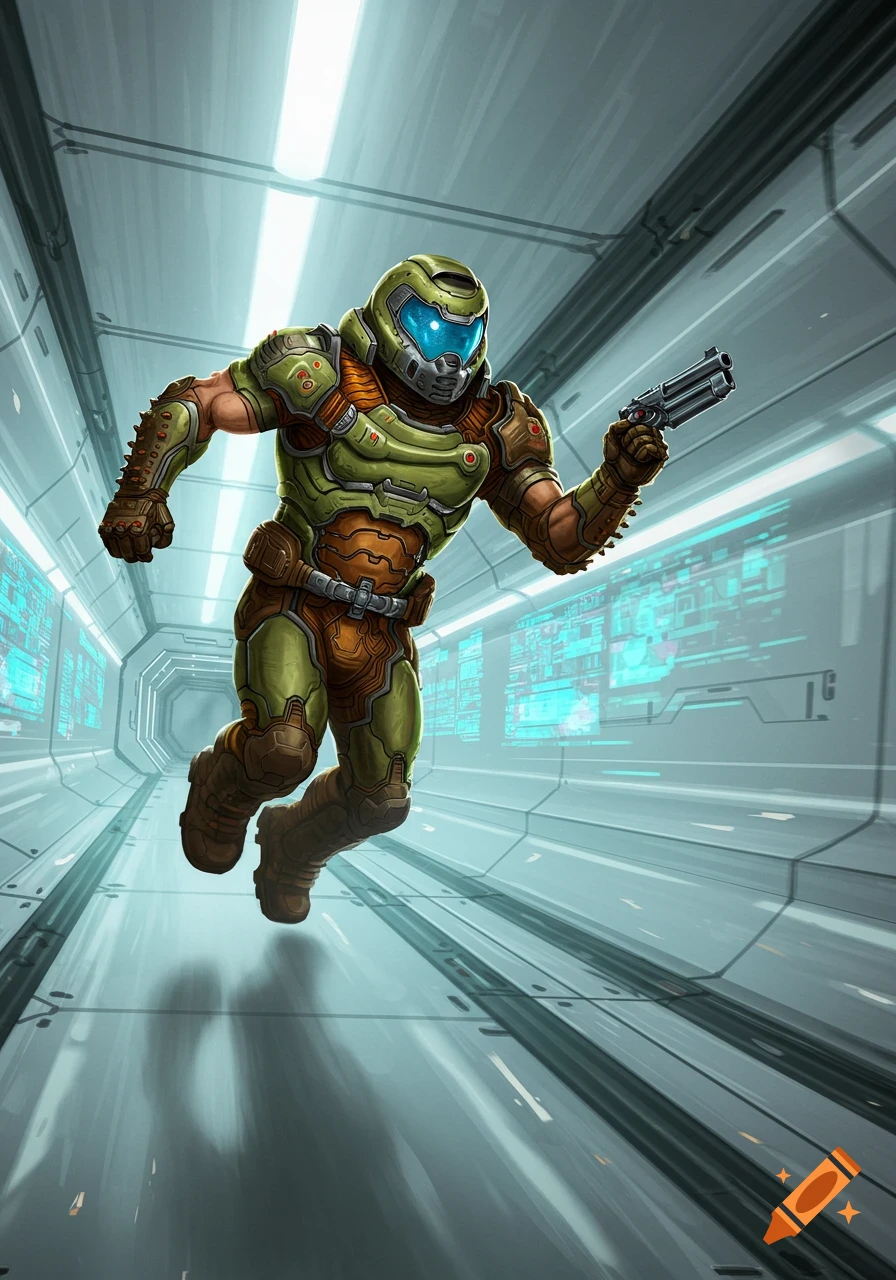Doomguy sprints through a futuristic sci-fi corridor, holding a gun.