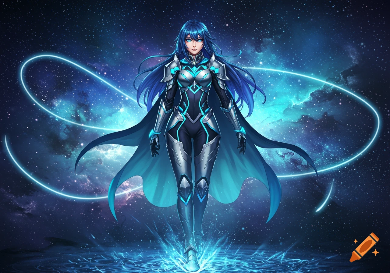 An anime character with blue hair wearing glowing blue and silver armor stands in a cosmic space background with swirling blue light trails.