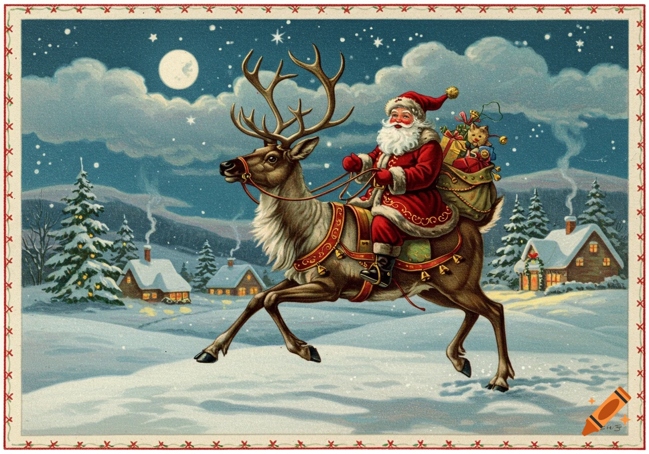 Vintage illustration of Santa Claus riding a reindeer through a snowy landscape under a moonlit sky, with houses.