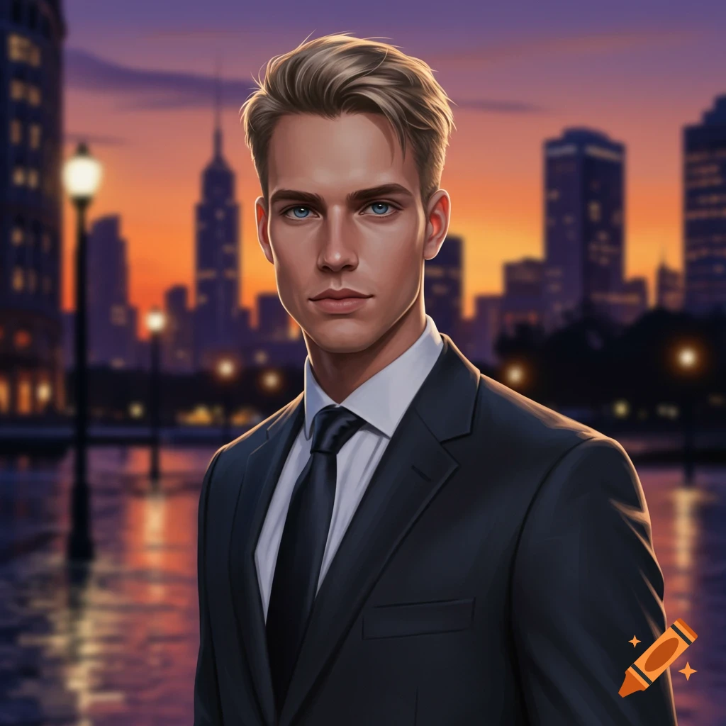 A handsome man with blonde hair and blue eyes in a suit stands against a blurry city skyline at sunset.
