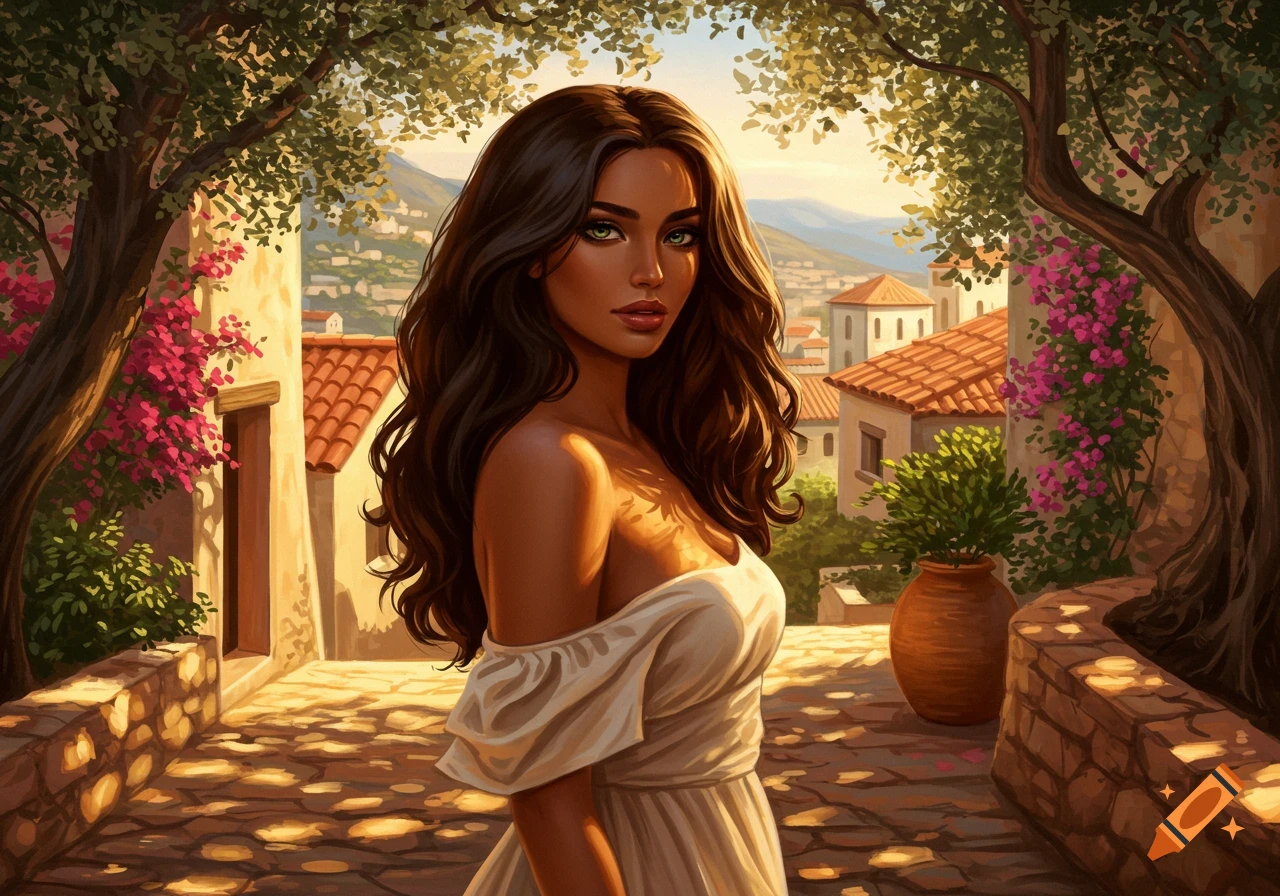 A vibrant, painterly image of a woman with long dark brown hair and green eyes, wearing a white off-the-shoulder dress, standing on a sunlit stone path in a Mediterranean village.