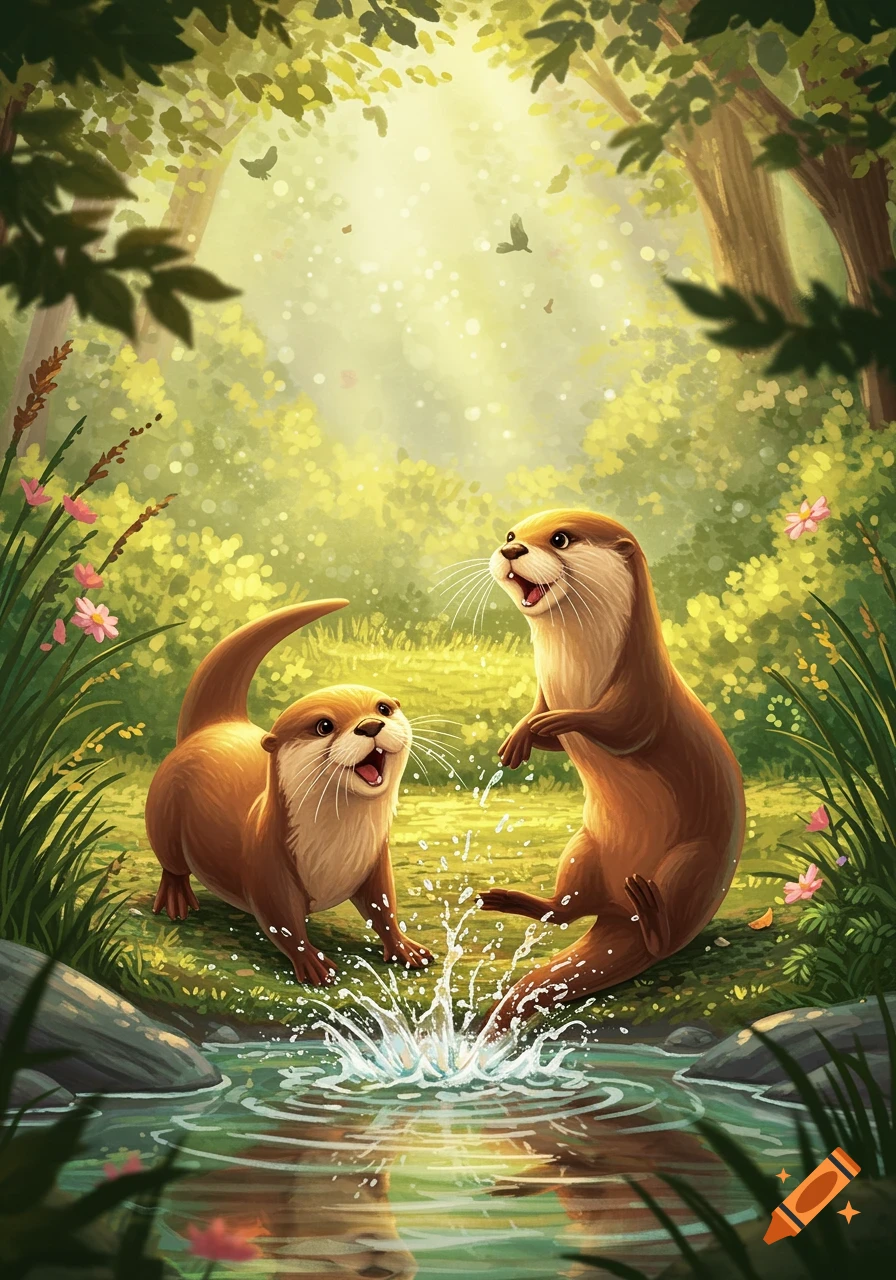 Two cartoon otters play in a sunlit forest stream, one splashing water, in a bright, whimsical Disney style.