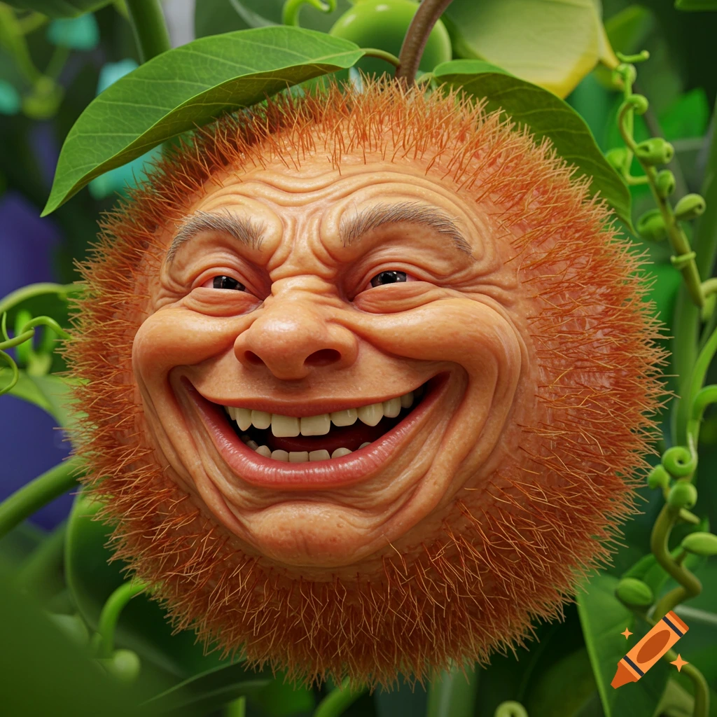 A photorealistic image of a hairy, orange fruit with a deeply wrinkled, laughing old man's face, nestled in green foliage.