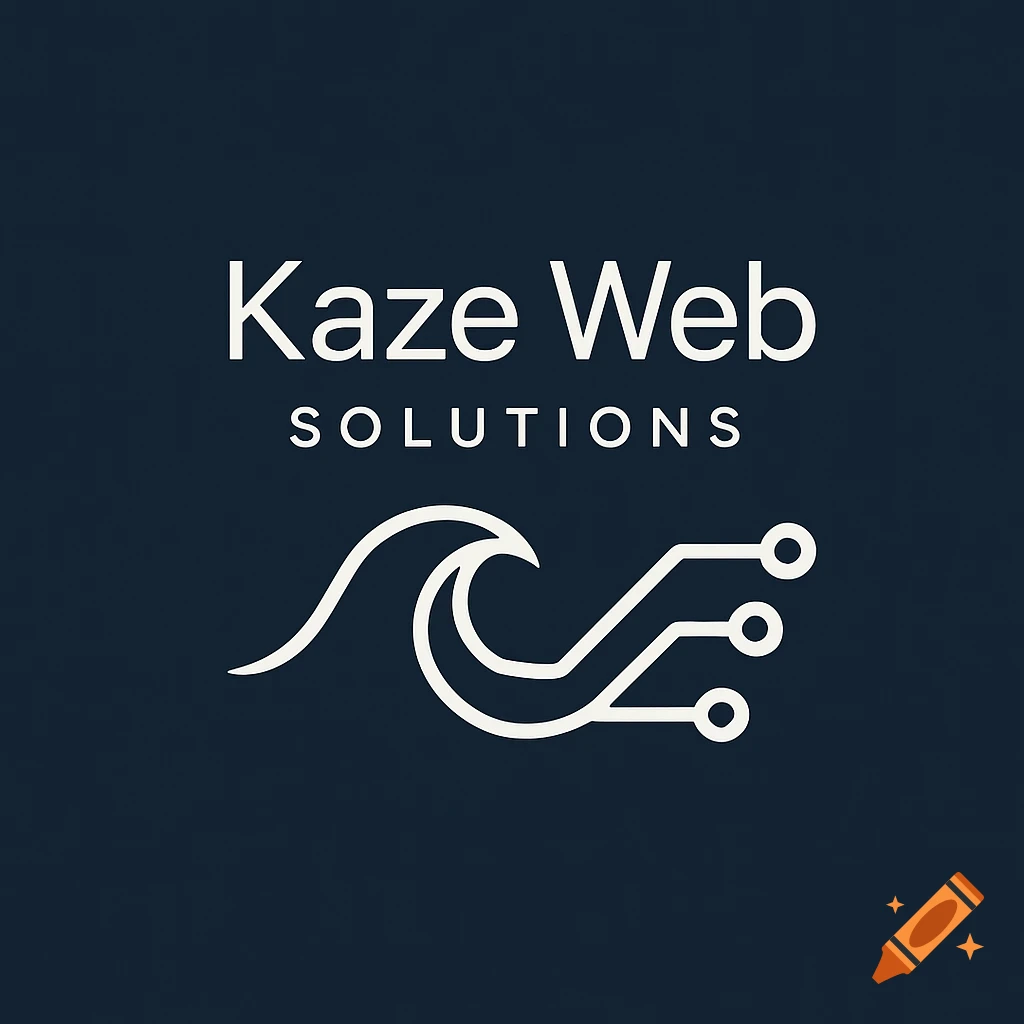 Kaze Web Solutions logo featuring a white wave cresting into a circuit board design on a navy blue background.