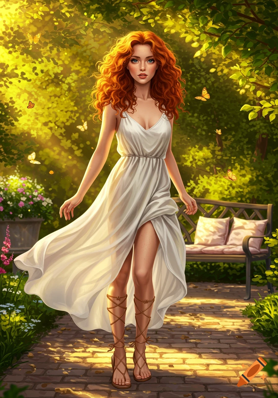 A red-headed woman in a white sundress and gladiator sandals walks on a sunny path in a vibrant garden with butterflies.