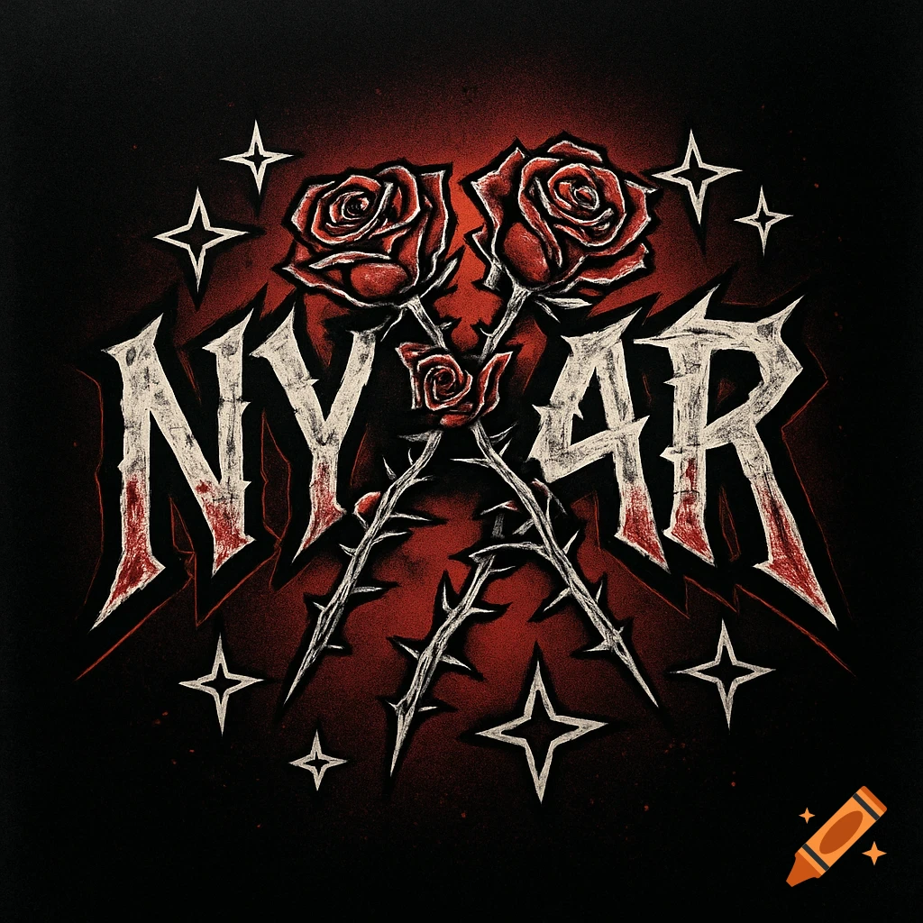 Grunge style logo with 'NYXAR' text, red roses, thorny stems, and white stars on a dark background.