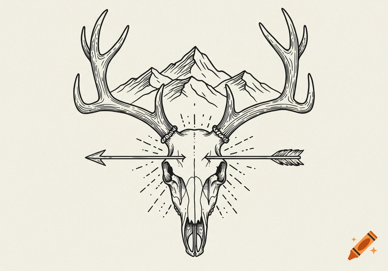 A line art illustration featuring an elk skull with large antlers, an arrow piercing through its head, and mountains in the background, set against a light background.