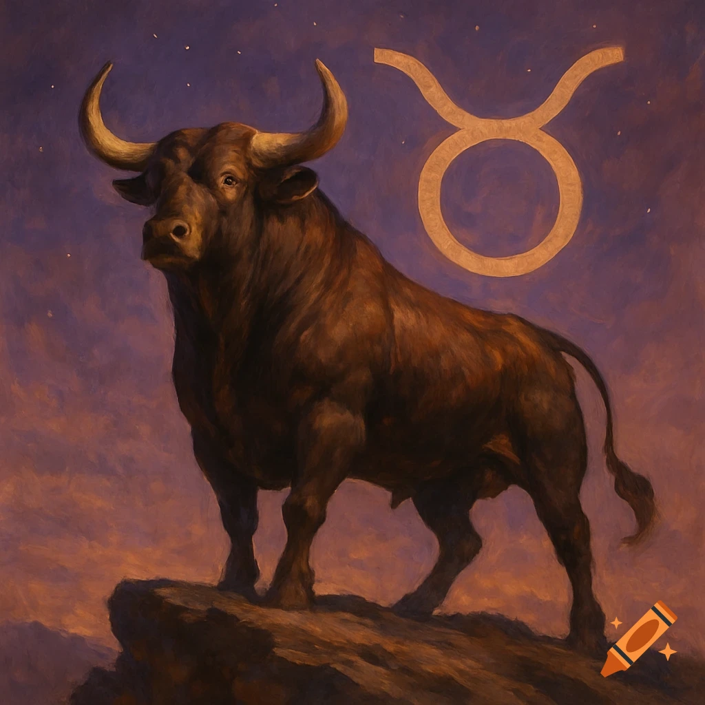 A powerful brown bull stands on a rocky cliff against a dramatic twilight sky, with the golden Taurus zodiac symbol floating above.