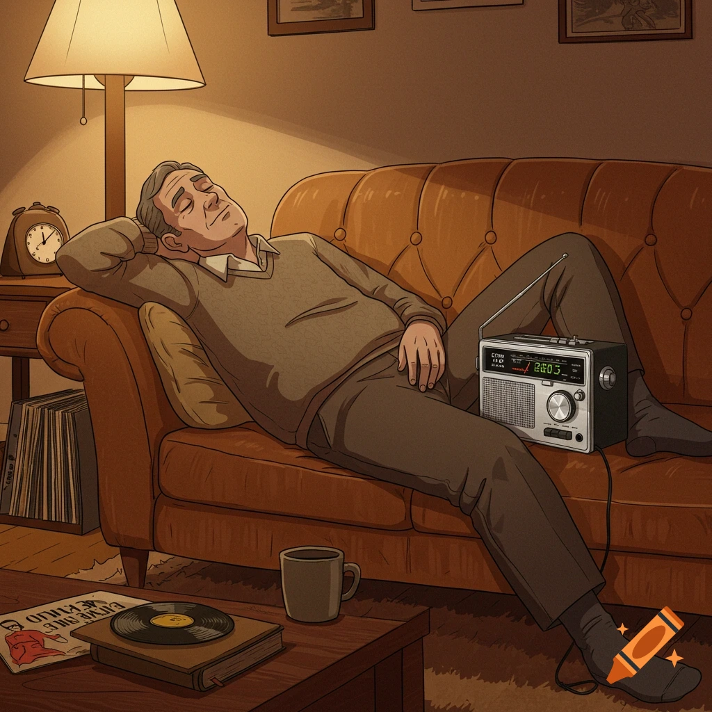 An elderly man is sound asleep on a brown couch with a radio on his lap in a cozy, warm-lit room in a cartoon style.