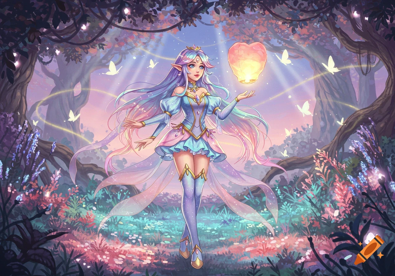 A magical girl with long, colorful hair stands in an enchanted forest with butterflies and a floating heart lantern, anime illustration.