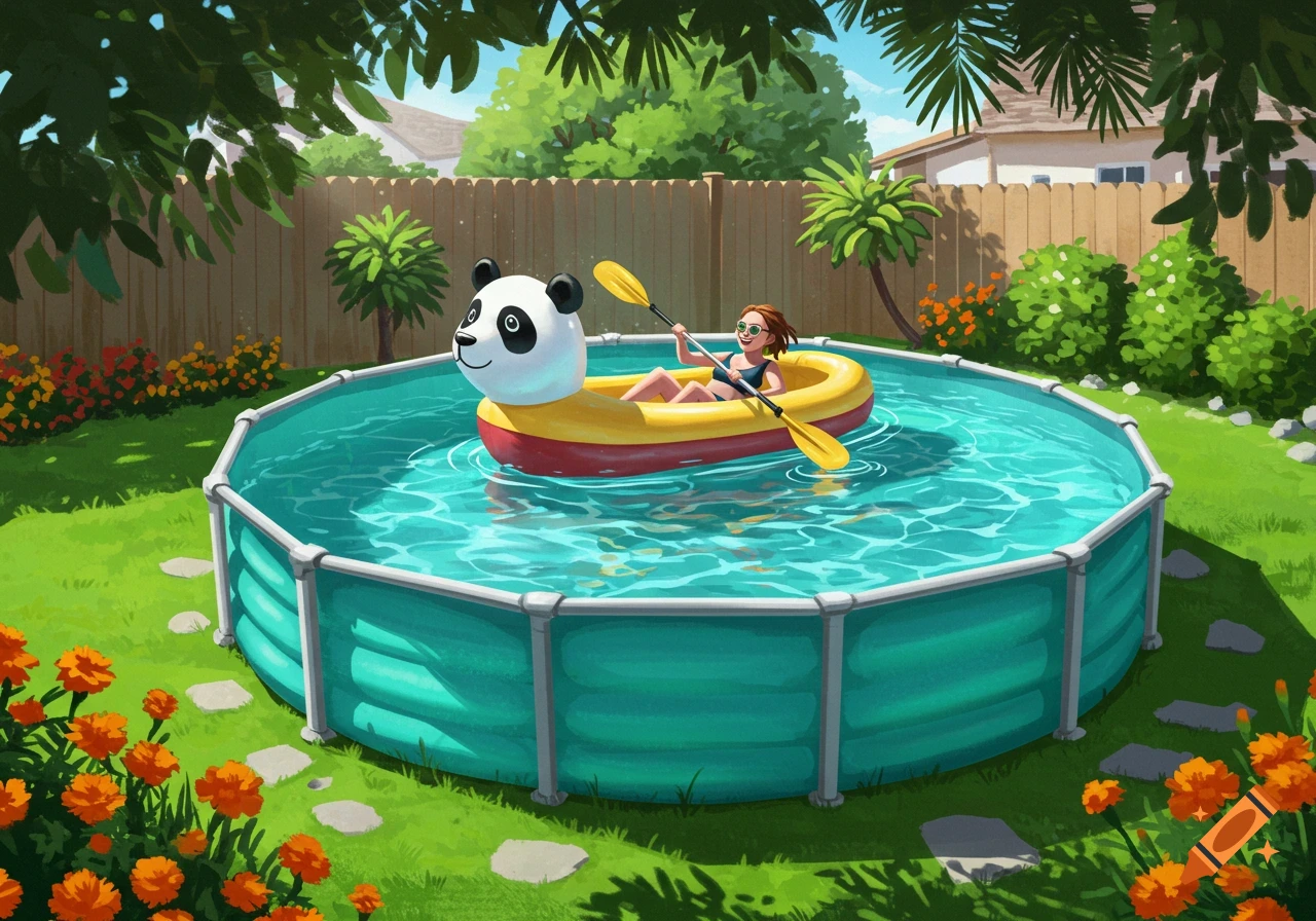 An illustration of a person paddling a yellow inflatable boat with a panda head in a blue above-ground swimming pool in a sunny backyard.