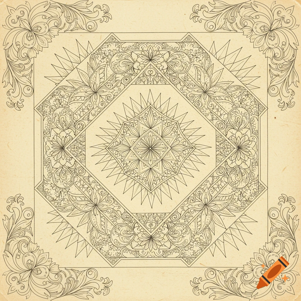 A black and white line drawing of an intricate quilt block pattern on a beige paper, suitable for a coloring book.