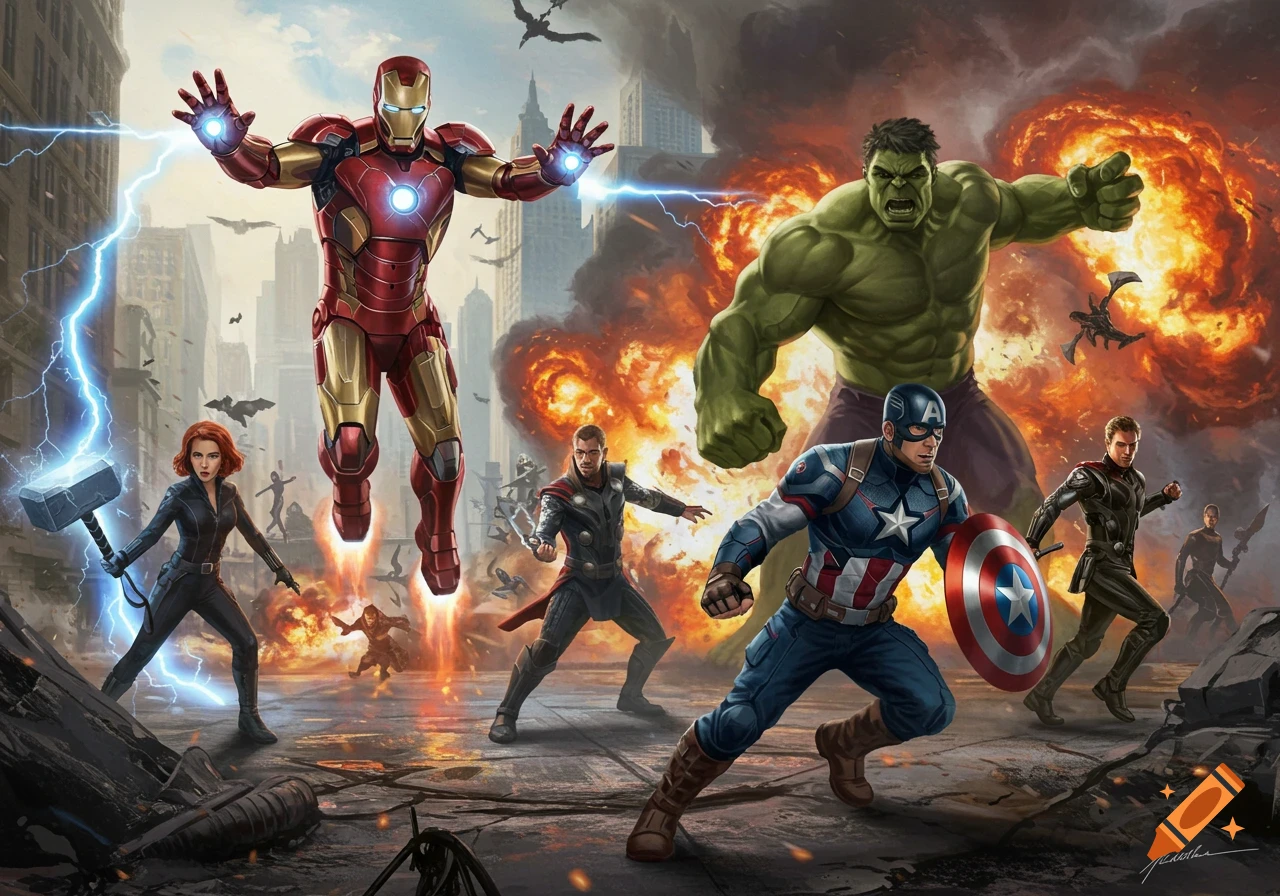 Marvel superheroes including Iron Man, Hulk, Captain America, and others battle amidst city destruction and explosions.