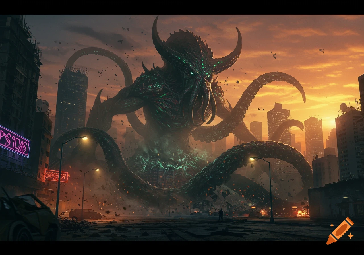A massive, dark, horned demon-like creature with tentacles emerges from the ground in a destroyed city at sunset, dwarfing surrounding skyscrapers.