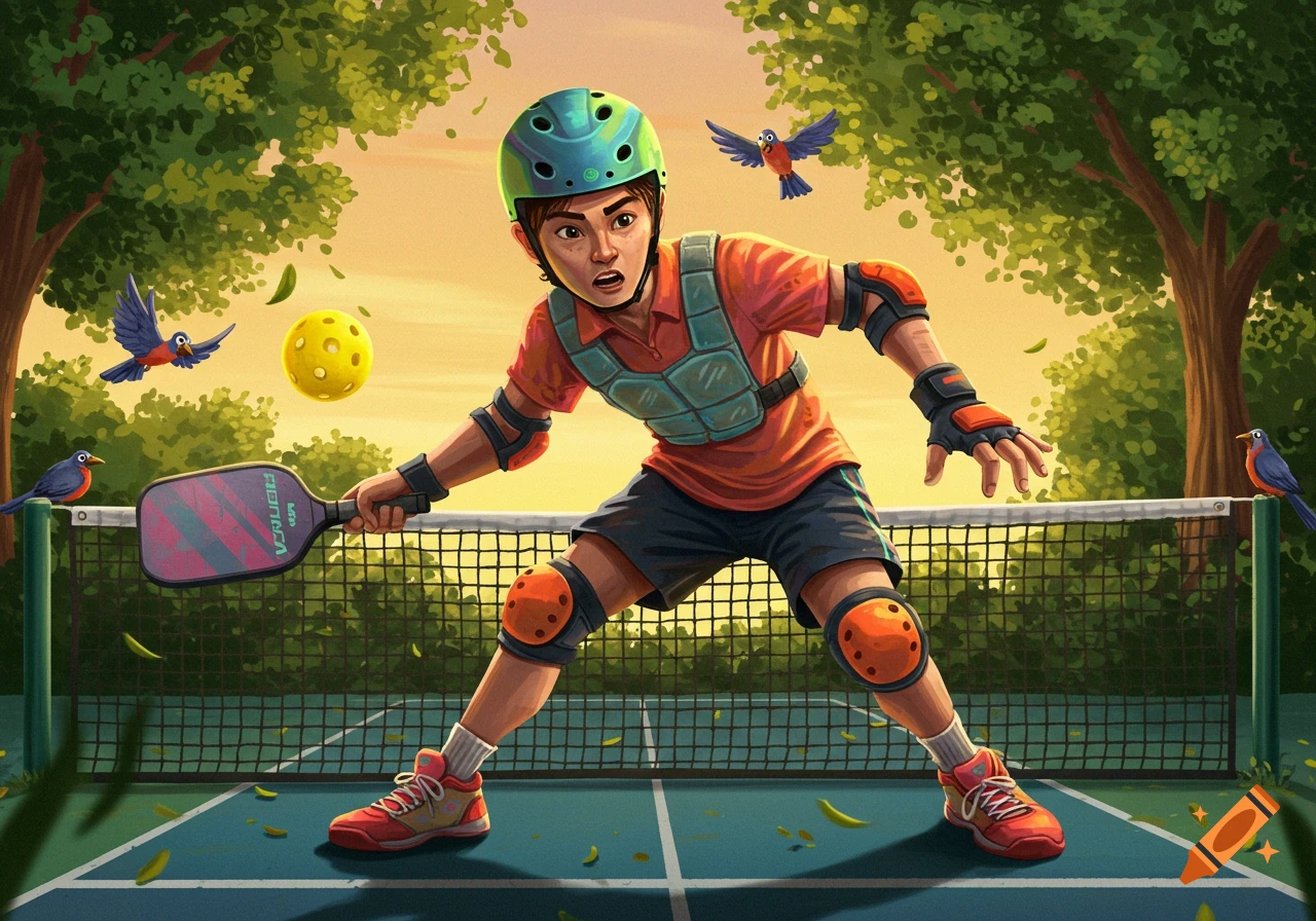 An illustrated boy in protective gear playing pickleball on a court with birds and trees during sunset.