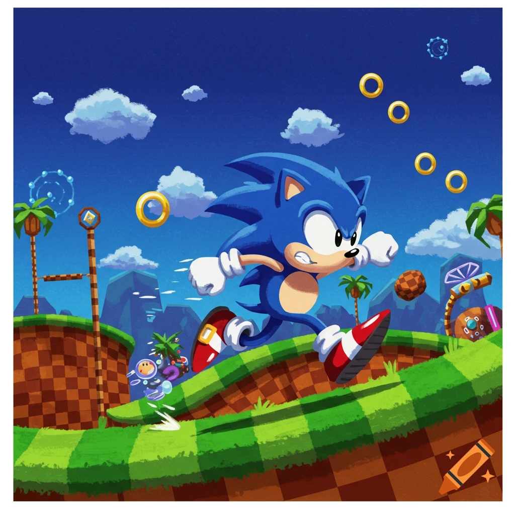 Sonic the Hedgehog running through a vibrant, cartoonish Green Hill Zone with golden rings and checkerboard hills.