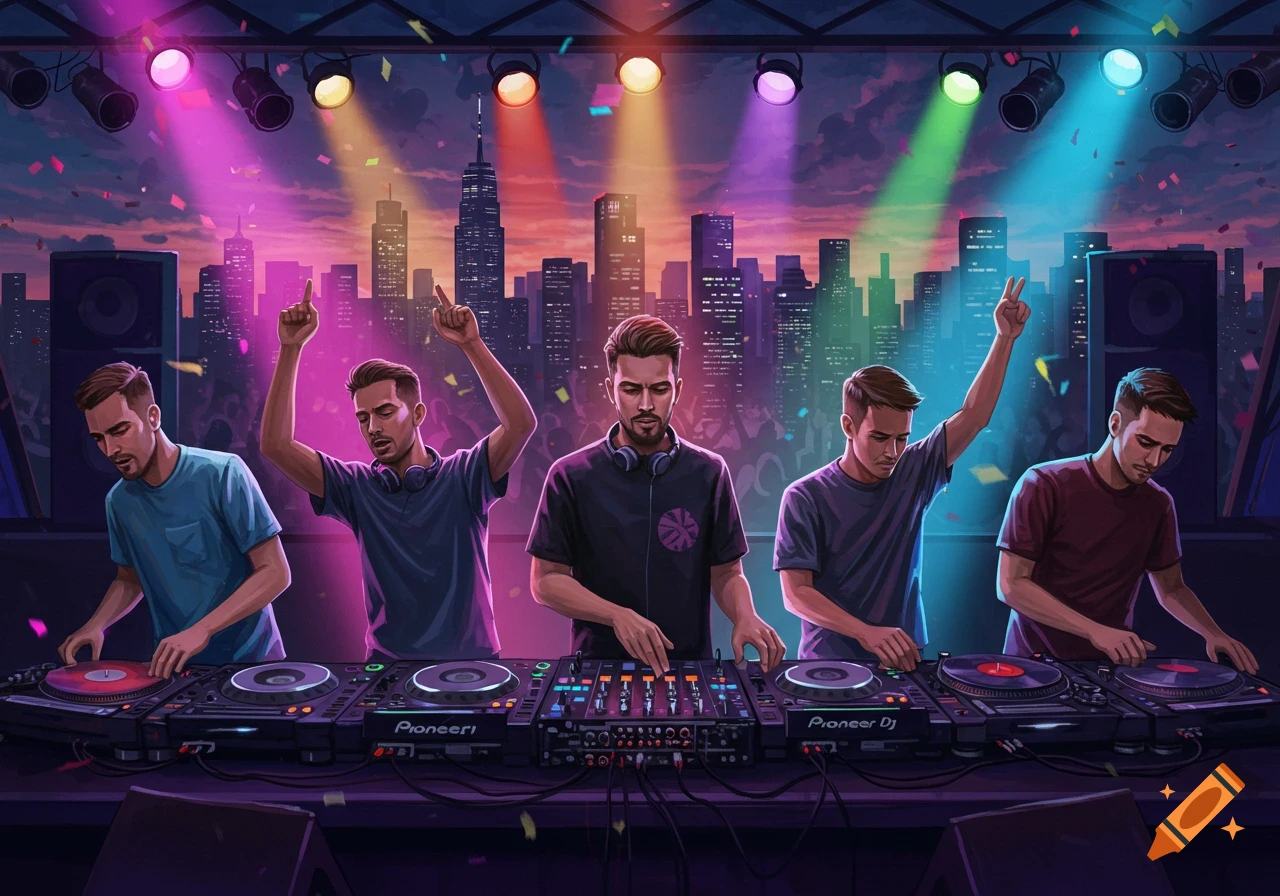 Five DJs at a console under colorful stage lights with a city skyline at night, some raising their hands amidst falling confetti.