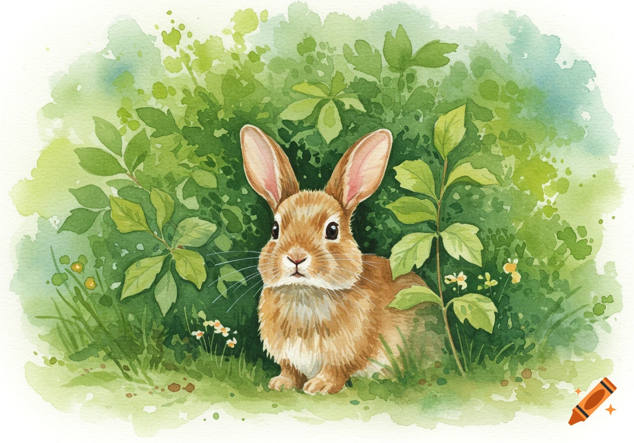A brown rabbit with large ears peers from green foliage in a watercolor painting.