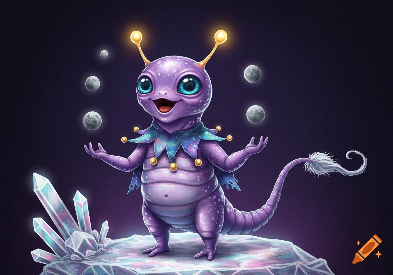 A cute purple alien with glowing antennae and a cosmic cloak juggles miniature moons while standing on a crystal platform.