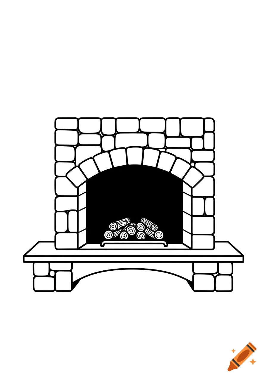A simple black and white clipart illustration of a stone fireplace with an arched opening and logs inside.