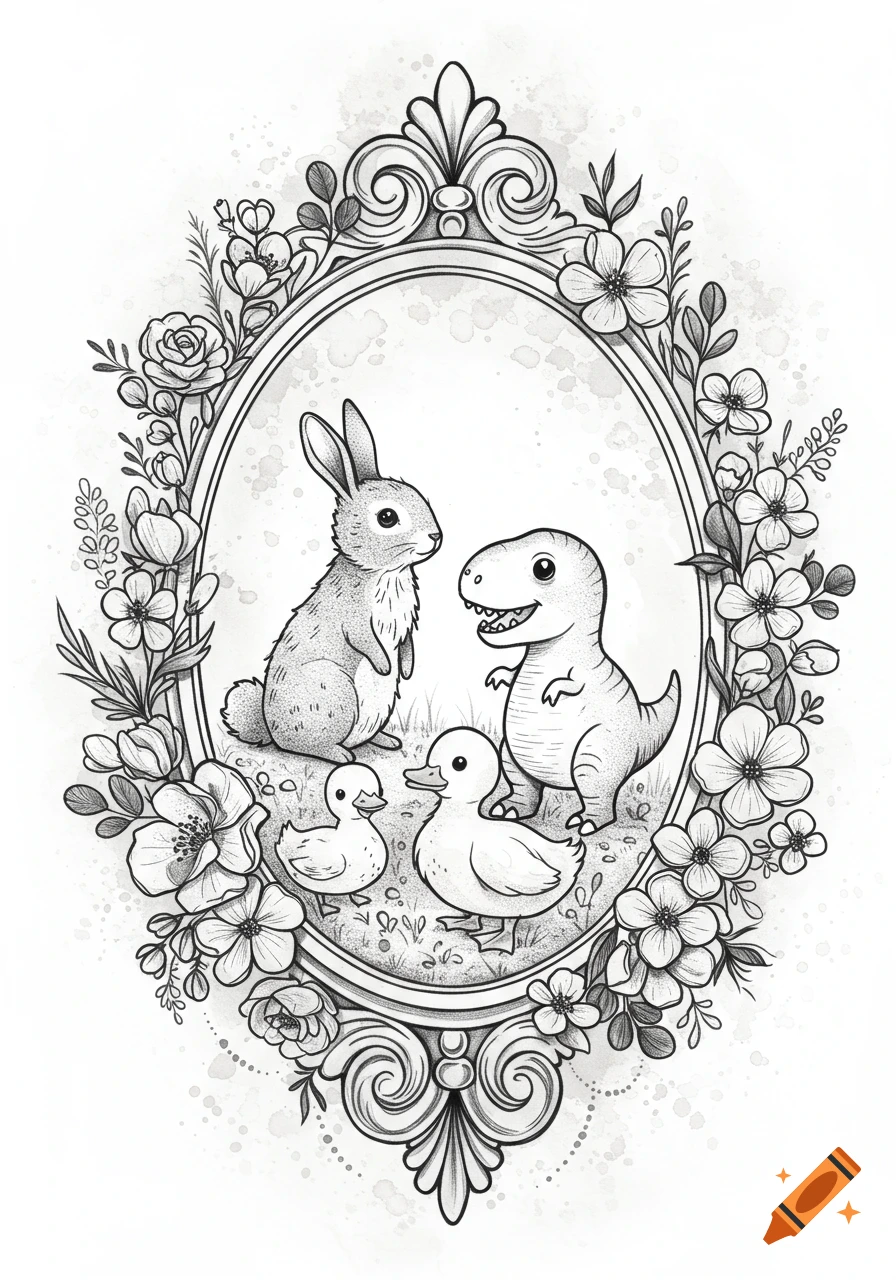Black and white line art of a bunny, a dinosaur, and two ducklings in an ornate floral oval frame.