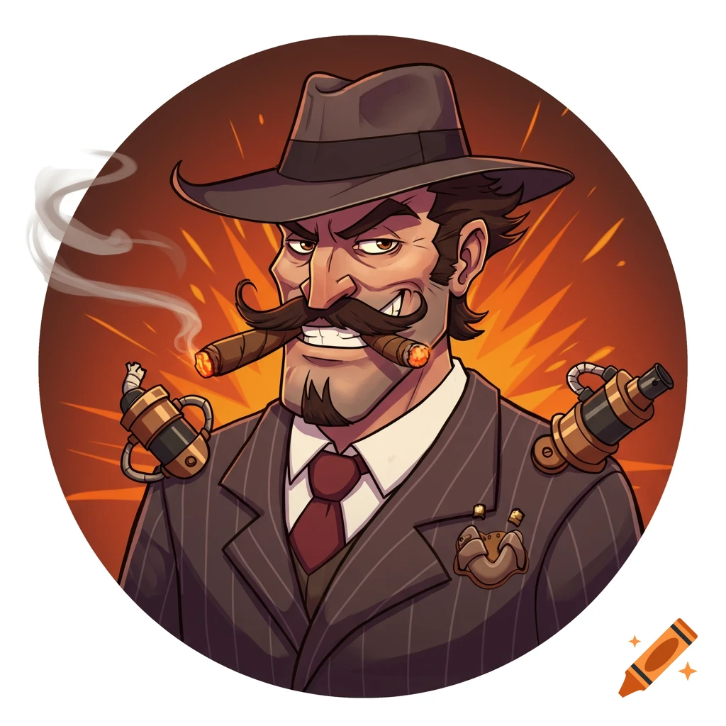 A cartoon mobster-like man with a fedora, pinstripe suit, and a large mustache smokes two cigars, with steampunk explosives on his shoulders.